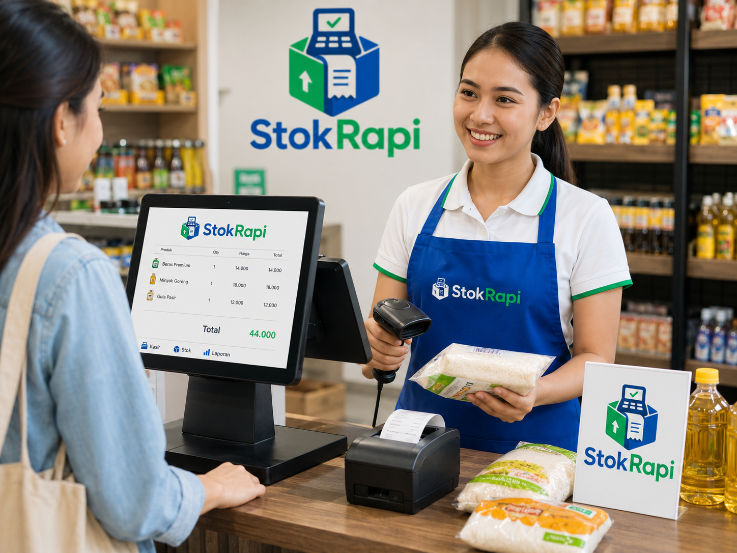 Kasir melayani pelanggan dengan aplikasi POS StokRapi